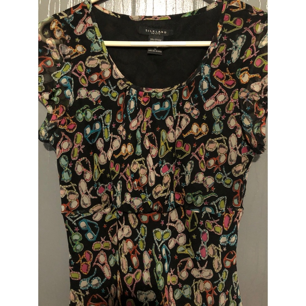 SILKLAND Petite Black Sunglasses Print Sheer Chiffon babydoll Top P M